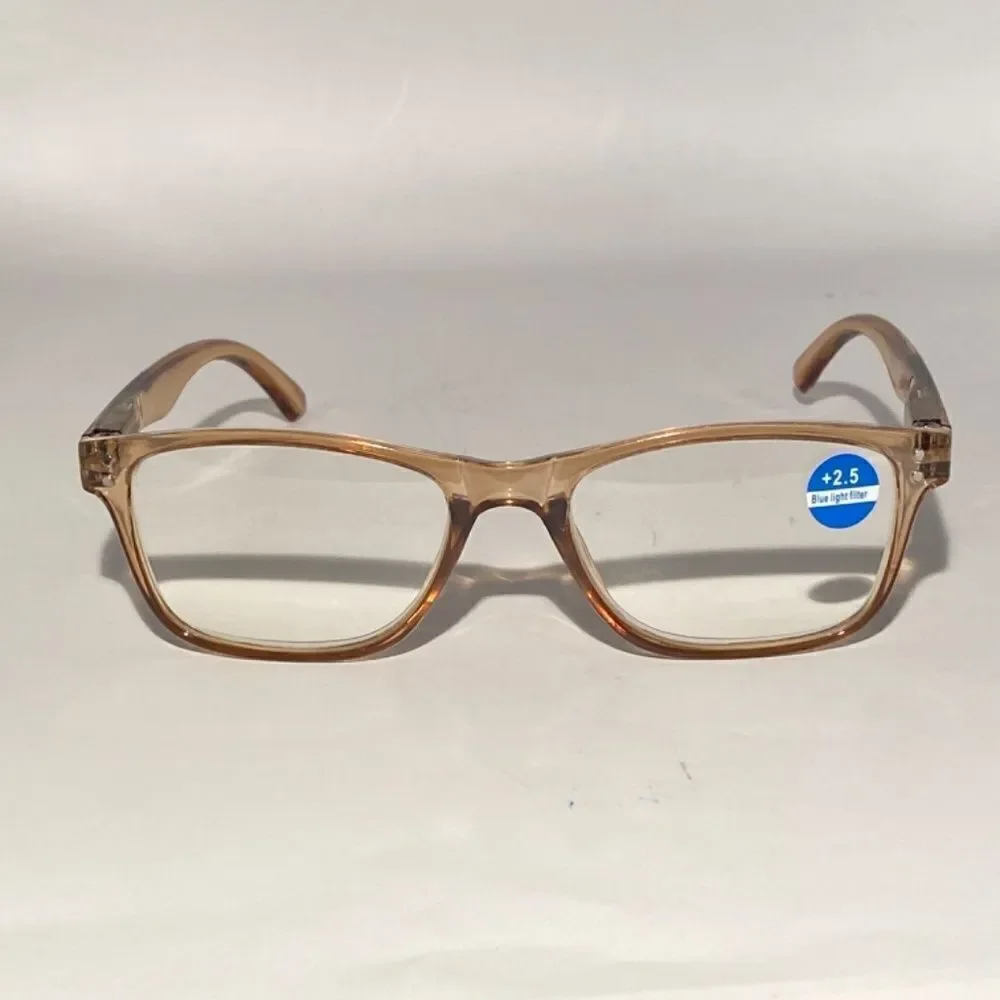 1436 Helen 2.5 Reading Glasses Thin Rectanle Bluelight Filter Tan Frames NWT